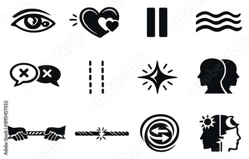 Romantic conflict and mixed emotions vector icons in outline style: jealousy eye, longing heart, hesitation pause symbol, emotional waves, crossed messages. Vector icons