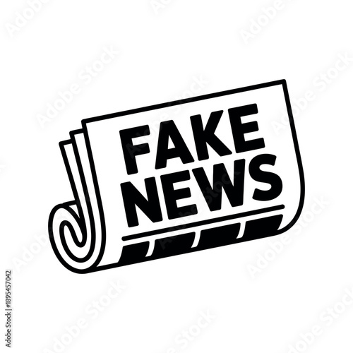 A black and white illustration of a newspaper with the words fake news printed on it