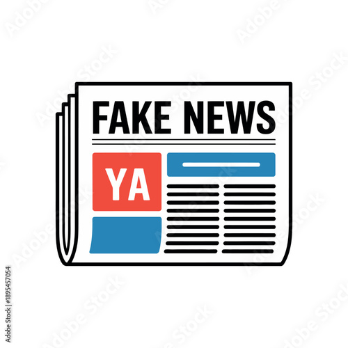 A cartoon illustration of a fake news newspaper with a bold headline and colorful graphics.
