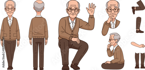 Old Man Sitting with Walking Cane. Elderly Person Animation Character Set with Front, Side and Back Views. Vector Illustration