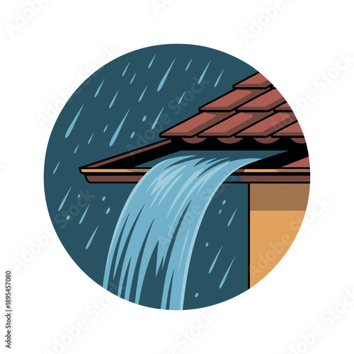 An illustration of a roof with water overflowing from the gutter during heavy rain.