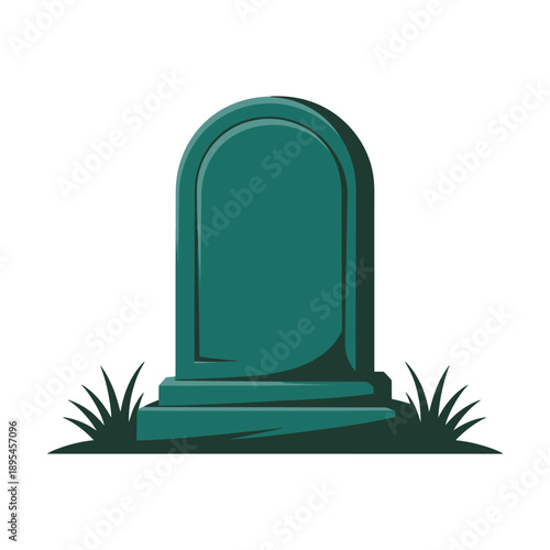 A green tombstone with grass on a white background
