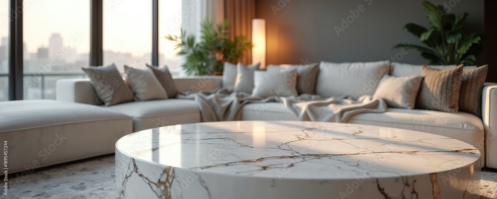 Obraz premium Modern living room with sectional sofa white cushions and plaid blanket. Round marble coffee table near large windows showing city skyline at sunset. Cozy apartment interior.