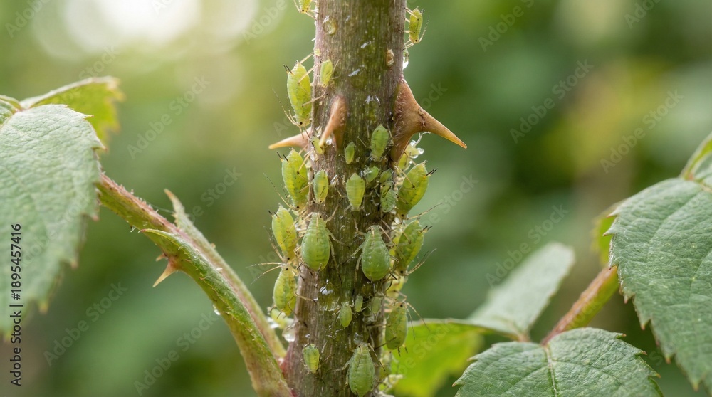 Obraz premium Green aphids on rose stem in natural outdoor environment 