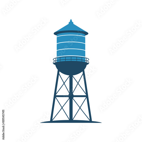 A blue water tower stands tall on a white background