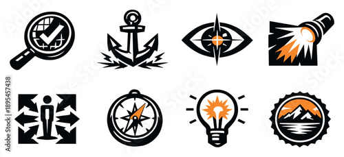 Illusion awareness and clarity in bold style: reality check lens, grounding anchor, sharp focus icon, truth reveal light, alignment correction arrows, clarity. Vector icons