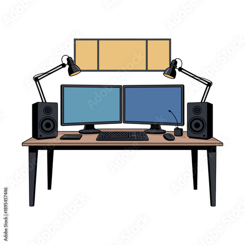 A modern home office setup with dual monitors and professional audio equipment