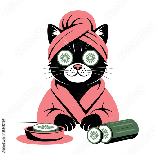 A black cat wearing a pink robe and headband relaxes with cucumber slices for a spa treatment