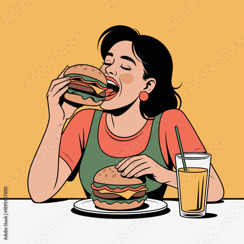 A cartoon woman enjoying a delicious burger and a glass of soda at a table