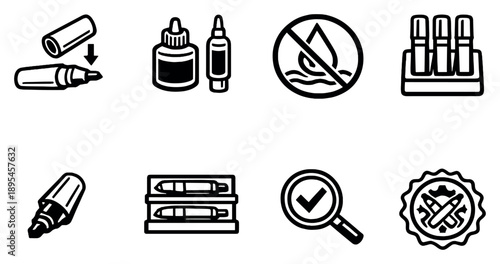 Maintenance and storage in outline style: cap placement, ink refill cartridge, drying prevention icon, storage holder, tip protector, shelf organizer, quality. Vector icons