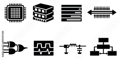 Chip architecture components in bold style: CPU core, memory block, cache lines, bus interface, logic gates, clock oscillator, power regulator, architecture. Vector icons