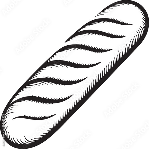 A black and white illustration of a baguette with curved lines on a white background simple design
