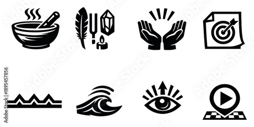 Preparation and intention setting in bold style: cleansing bowl, arranged tools, opening gesture, purpose note, boundary line, mindful breath wave, readiness. Vector icons