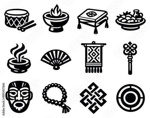 Cultural Ceremony Traditions in outline style: ceremonial drum, ritual bowl, symbolic cloth, offering tray, incense smoke, traditional fan, patterned banner. Vector icons