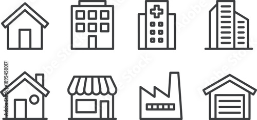 Building and Property Line Icon Set with House, Apartment, Hospital, Shop, Factory, Warehouse, and City Architecture for Real Estate and Urban Design