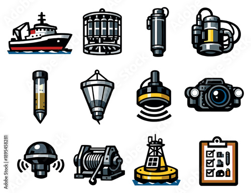 Oceanographic Research Equipment in bold style: research vessel, CTD rosette sampler, Niskin bottle, water sampling pump, sediment core tube, plankton net. Vector icons