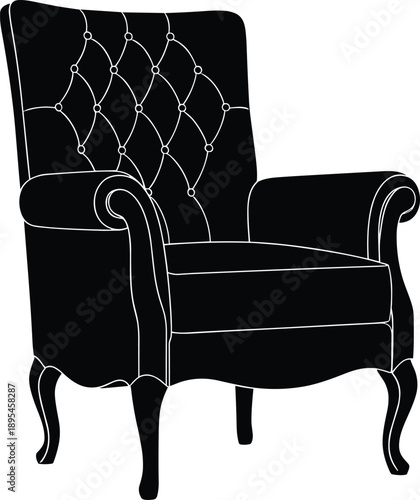 Elegant Vintage Armchair Silhouette with Tufted Backrest for Interior Design Mockups, Luxury Furniture Catalogues, Home Decor Graphics, and Classic Living Room Layouts