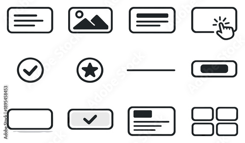 UI Cards Essentials in outline style: content card, image thumbnail, title text line, description text block, action button, icon badge, divider line, hover. Vector icons