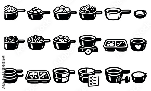 Measuring Cups for Portion Control in outline style: portion size, calorie count, ingredient portions, healthy serving, diet measurement, balanced diet portion. Vector icons