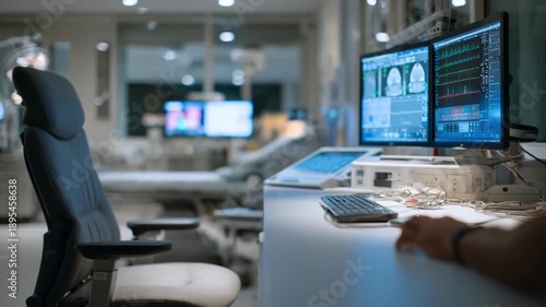 Clinical room featuring focused task lighting on a diagnostic workstation with surrounding softer lights blurred to highlight precision and clarity.