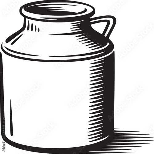 A black and white drawing of a milk jug with a handle and shadow on a white background design art