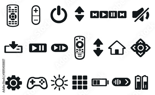 Remote Controls for Electronics in outline style: TV remote, volume control, power button, channel switch, media buttons, mute icon, input selector, play/pause. Vector icons