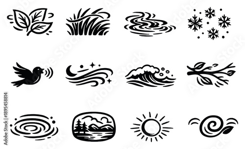 Nature and Environmental Whispers in outline style: rustling leaves, wind through grass, flowing stream ripple, falling snow hush, distant bird call, night. Vector icons