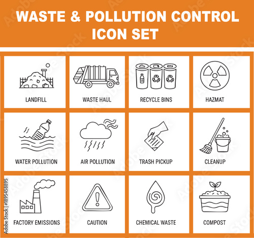 A set of line art icons illustrating waste and pollution control, featuring landfill, recycling, hazardous materials, water and air pollution, trash pickup, cleanup, factory emissions, and composting.