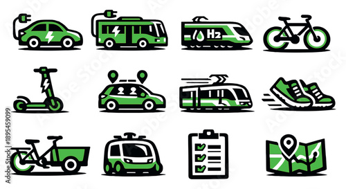 Green Transportation Modes in bold style: electric car, electric bus, hydrogen train, bicycle, electric scooter, shared mobility car, light rail tram, walking. Vector icons