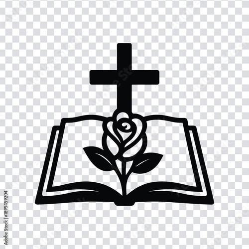 Vector illustration a black and white icon of a cross on an open book with a rose