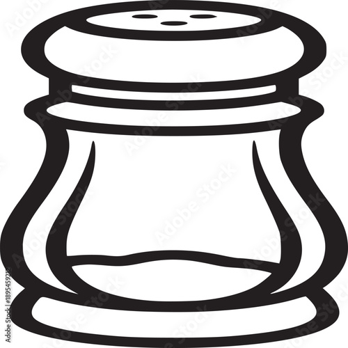 Illustration of a salt shaker with a rounded top and a narrow neck in black and white outline style