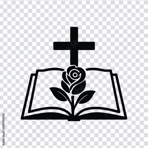 Vector illustration black silhouette of a cross on top of an open book with a rose