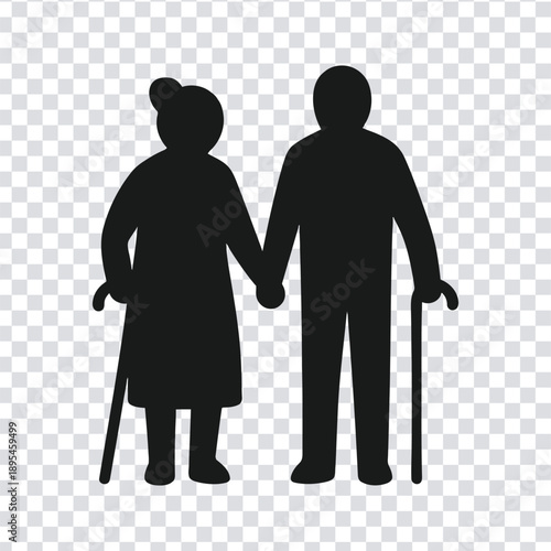 Vector illustration black silhouette of elderly couple holding hands with canes