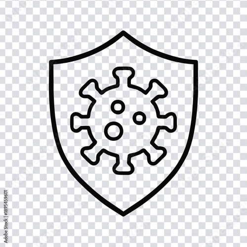 Vector illustration black line art shield icon with virus or germ symbol inside