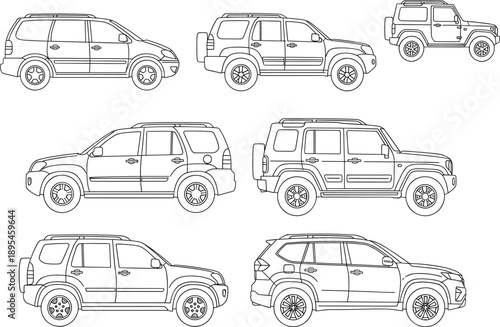 Modern SUV and Off-Road Vehicle Vector Icon Set Featuring Detailed Side-Profile Outlines for Automotive Branding, Car Rental Apps, and Outdoor Adventure Travel Graphics