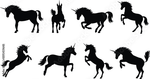 Unicorn silhouettes collection featuring fantasy horses in running and rearing poses isolated on white background, mythical creature vector illustration set
