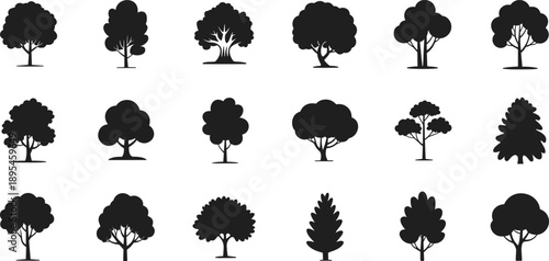Tree silhouettes collection featuring various deciduous and evergreen trees isolated on white background, nature landscape elements, forest vector illustration set
