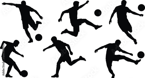 Soccer player silhouettes performing dynamic football actions isolated on white background, athletic movement, sports concept illustration vector design