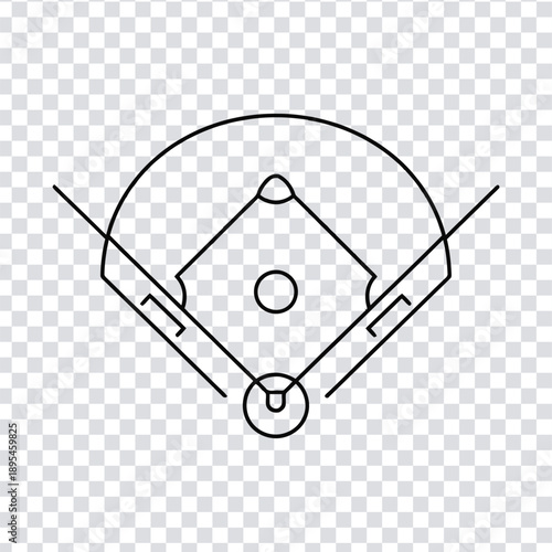 Vector illustration a black line drawing of a baseball field with bases on a transparent background