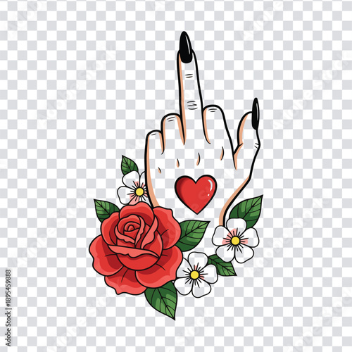 Vector illustration a hand with a heart tattoo giving the finger surrounded by flowers and leaves on a transparent background
