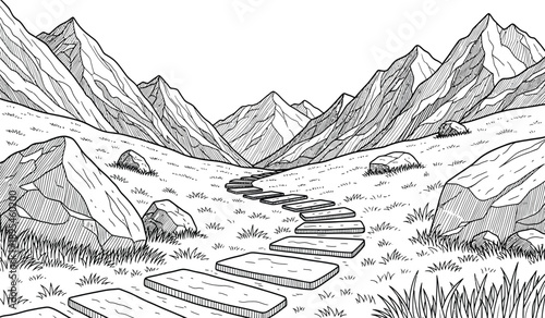 A black and white illustration of a winding staircase leading to mountains with rocks and grass on a plain