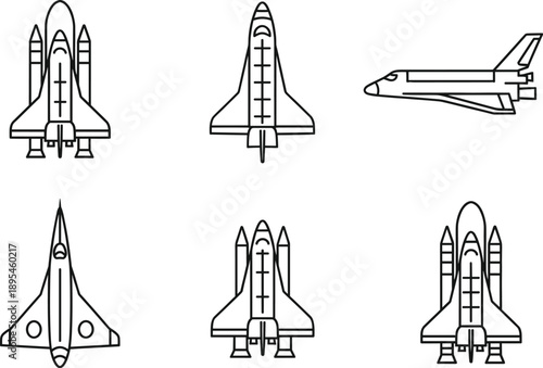 Space Shuttle and Rocket Orbiter Vector Icon Set Featuring Detailed Top, Side, and Bottom View Outlines for Aerospace Education, Science Technology Graphics, and Galactic Exploration Branding