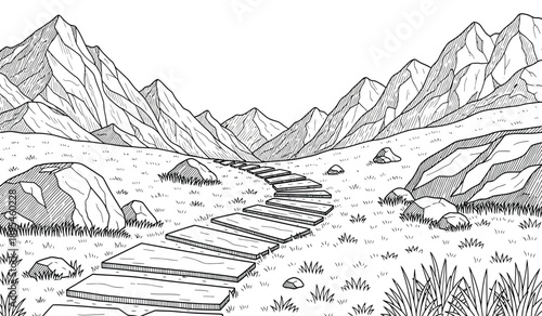 A black and white illustration of a winding wooden pathway leading through a rocky mountain landscape with sparse vegetation