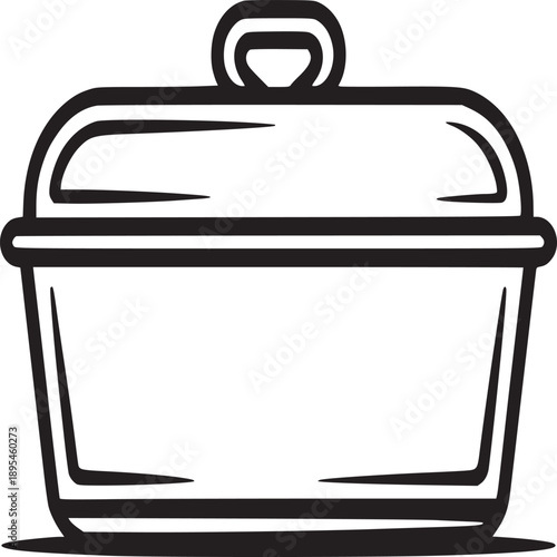 Illustration of a rectangular casserole dish with a lid and handle on a light gray background