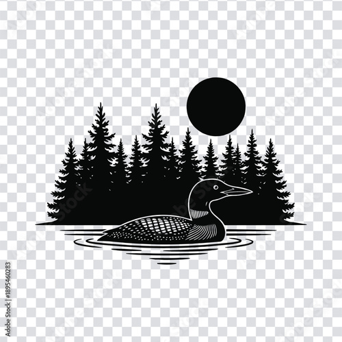 Bilde på lerret Vector illustration black silhouette of a loon swimming in water with trees and