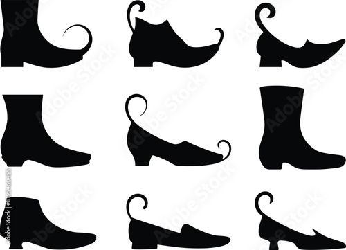 Whimsical silhouette illustration of fantasy-style shoes with curled toes, featuring boots and dress shoes for costume, design, and decorative use