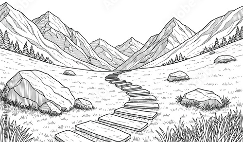 Black and white illustration of a winding stone pathway through a mountainous landscape with rocks and trees