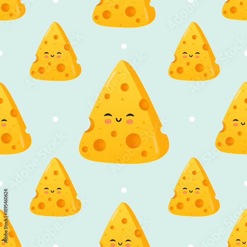 Smiling kawaii cheese triangles seamless pattern on light blue background