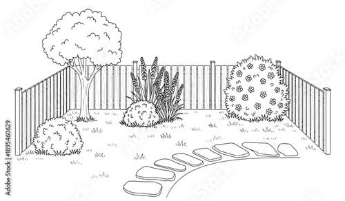 A black and white illustration of a garden scene with a wooden fence, trees, bushes, and stepping stones