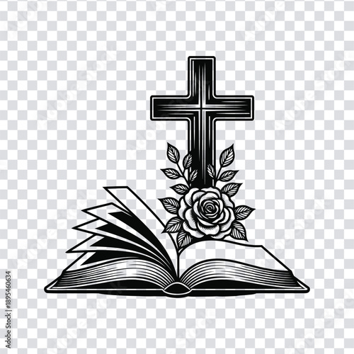 Vector illustration black and white illustration of a cross on top of an open book with a rose